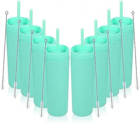 Volhoply 16oz Plastic Skinny Tumbler with Lid and Straw Bulk 8 Pack,Insulated Double Wall BPA Free Matte Acrylic Tumblers,Iced Coffee Travel Mug Reusable Party Cup,Customizable Diy Gifts(Green,8 Set) by LiveFully%EF%BC%8CDrinkFreely%E2%80%94KeepGoingwithVolhoply%EF%BC%81