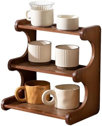 3-Tier Wooden Mug Holder Countertop, Coffee Cup Holder Mug Display Coffee Mug Organizer Mug Rack for Coffee Station Organizer Mug Shelf for Cabinet for Kitchen, Home,Brown,Short by Unknown