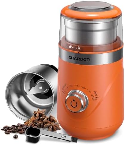 SHARDOR Electric Super Silent Blade Coffee Grinder, Timed Grind Control Rotary Knob, Adjustable Coarse to Fine for Coffee Beans, Spices & Herbs, with 1 Removable Stainless Steel Bowl, Orange by Shardor