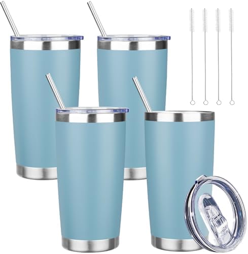 20 oz Tumbler with Lids and Straws, Stainless Steel Insulated Travel Coffee Mug, Double Wall Vacuum Insulated Tumblers, Powder Coated Coffee Tumbler for Cold & Hot Drinks (Azure Blue,4pack) by YEBTSLife