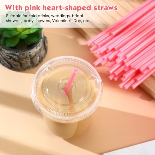 Ziliny 200 Sets 16 oz Clear Plastic Cups with Heart Shaped Straws and Lids - Image 5
