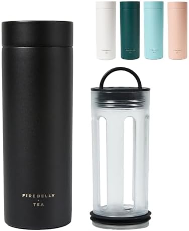 Firebelly Tea, Travel Tea Infuser Mug with Strainer, Insulated Tumbler for Loose Leaf Tea or Coffee, Leakproof Bottle for Hot or Iced Drinks, Stainless Steel Thermos with Lid, Noir by FIREBELLYTEA