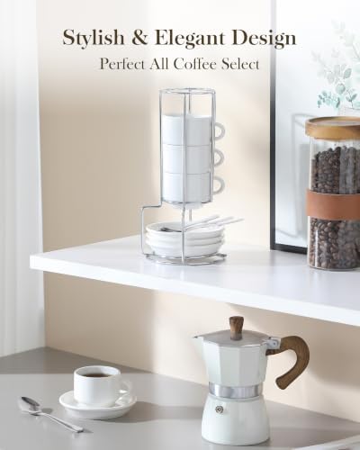 MALACASA 2.5 OZ Espresso Cups Set of 4, Porcelain Stackable Coffee Cups with Saucers, Spoons and Metal Stand, Demitasse Mugs Cappuccino Cups, Espresso Accessories for Machine - Image 7