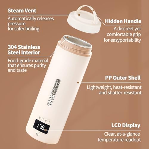 Travel Kettle, Portable Electric Kettle for 4 Temperature Controls, Cream - Image 6