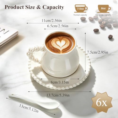 8oz Cappuccino Cups with Saucers and Spoons, Tea Cups Set of 6 - Image 2