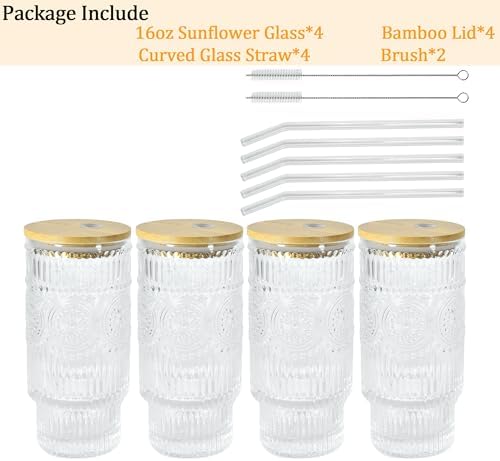 Sunflower Glass Cups with Lids and Straws 16 oz Drinking Glasses Set - Image 7