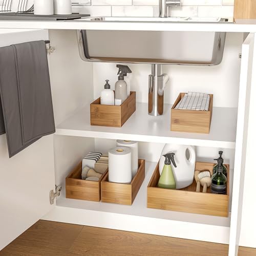 Seville Classics Bamboo Wood Storage Bins Organizer Boxes for Kitchen Counter, Pantry, Closet, Office Bedroom, Makeup, Bathroom, Nursery, K Cup, 5 Piece 3-Size (1 XL, 2L, 2M) Shelf Bin Set, Bamboo - Image 3