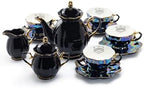 Halloween Goth Tea Set, Black Gold Scallop Teapot, Black Gold Scallop Sugar Creamer, 4 Ouija Board Black Gold Luster Tea Cup and Saucer Sets by Unknown