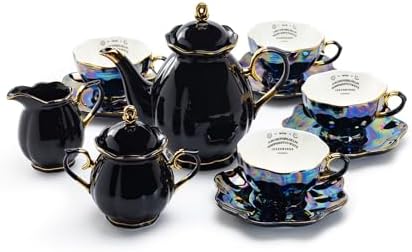 Halloween Goth Tea Set, Black Gold Scallop Teapot, Black Gold Scallop Sugar Creamer, 4 Ouija Board Black Gold Luster Tea Cup and Saucer Sets by Unknown
