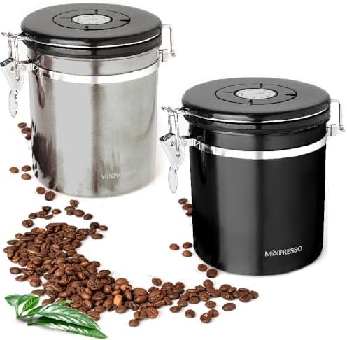 Mixpresso 16 Oz Coffee Canister, Stainless Steel Airtight Coffee Container, Ground Coffee Bean Storage with Date Tracker, Vacuum Sealed Espresso Airtight Container, Coffee Jar, Bundle With Black Color by Mixpresso