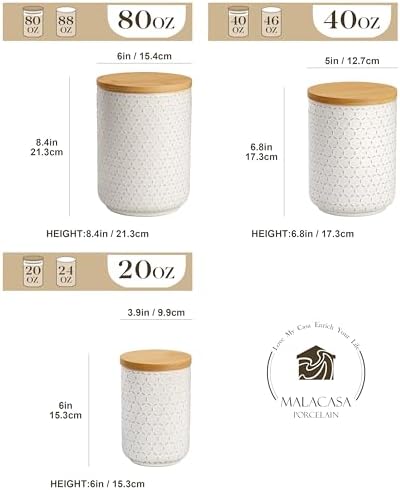 MALACASA LYDIA Ceramic Canisters Set with Airtight Lids, 80/40/20 oz Coffee Canister, Cookie Jar & Sugar Container, Canisters Sets for the Kitchen, Flour Sugar Pasta Tea Jars, Set of 3, Hexagon - Image 3