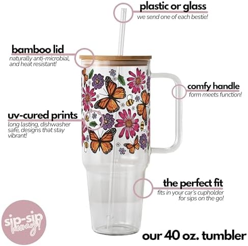 Sip-Sip Hooray! Monarch Butterfly 40oz Glass Tumbler with Lid and Straw - Image 4