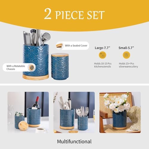 TEATALK Ceramic Canister with Airtight Lid, Cookie & Coffee Canister for Countertop, Food Storage Jar for Sugar, Tea, Matcha, Candy, Coffee Bean Container, Dark Blue, 7.7"+5.7" - Image 3
