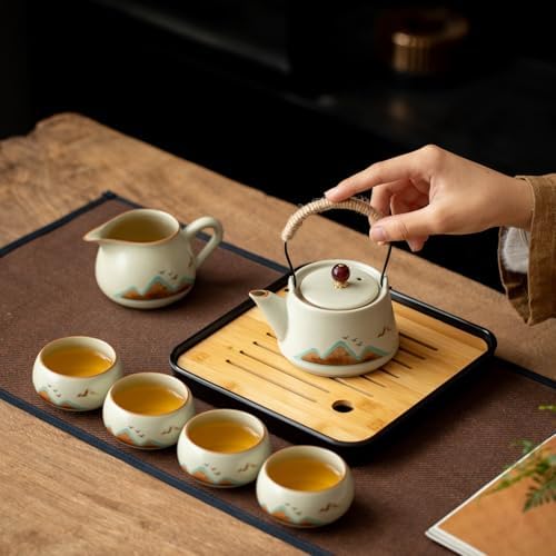 7-Piece Ruyao Ceramic Chinese GongfuTea Set, Traditional Crackle Glaze Teapot with Cups and Bamboo Tray, Gift Box Included - Image 4
