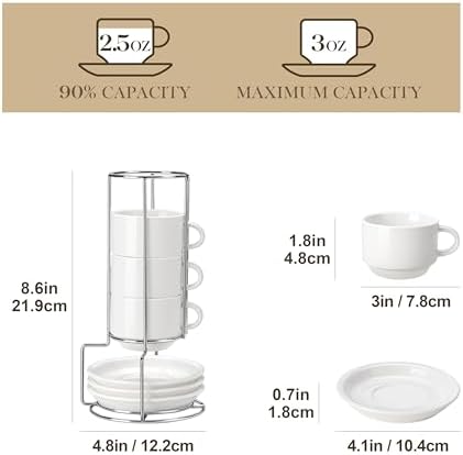MALACASA 2.5 OZ Porcelain Espresso Cups with Saucers and Metal Stand Set of 4, Stackable Cappuccino Cups, White Expresso Shots Cup Set for Coffee Drinks, Latte, Tea - Image 2