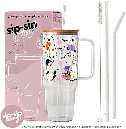 Halloween Ghost Holding Books 40oz Glass Tumbler with Handle, Lid and Straw - Image 2