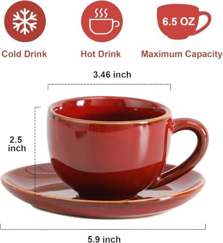 vicrays 6.5 oz Cappuccino Cups with Saucers, Set of 4, Ceramic Coffee Cup for Au Lait, Double shot, Latte, Cafe Mocha, Tea (Cherry Red) - Image 3