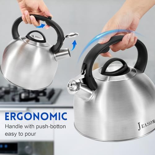 Tea Kettle Stovetop - Food Grade Stainless Steel Whistling Tea Pot with Ergonomic Handle, Unique Button Control Kettle Outlet, Can Be Used in the Kitchen or Camping, 3.1 Q/3L - Image 5