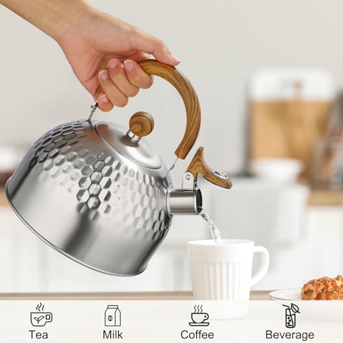 Phyllia Tea Kettle -2.5 L Whistling Tea Kettle for Stove Top Stainless Steel Tea Pot Stovetop Food Grade Water Kettle with folding Handle for Coffee Tea Milk Hot Water Kettle Pot -Silver - Image 2