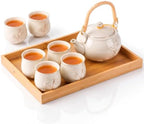 Layhit Japanese Asian Tea Set for Adults with 1 Teapot 6 Cups 1 Tray, 20 oz Traditional Portable Japanese Kiln Altered Glaze Porcelain Tea Set for Women Mother's Day Gifts(White, Plum) by ShungLan