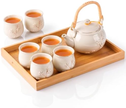 Layhit Japanese Asian Tea Set for Adults with 1 Teapot 6 Cups 1 Tray, 20 oz Traditional Portable Japanese Kiln Altered Glaze Porcelain Tea Set for Women Mother's Day Gifts(White, Plum) by ShungLan