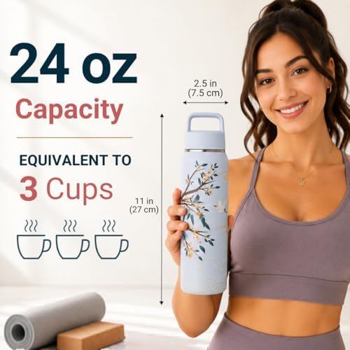 Farasi Tea Infuser Bottle for Loose Leaf Tea Insulated Stainless Steel Water Bottle Tumbler - Portable Coffee, Fruit, Loose Leaf Infuser Mug- Leakproof Blue Floral 24 oz - Image 3