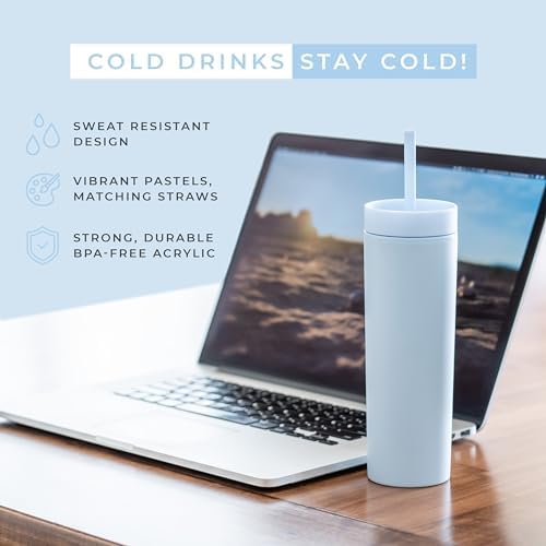 STRATA CUPS Periwinkle Skinny Tumblers with Lids and Straws (12 pack) - 16oz Double Wall Acrylic Tumbler, Tall Matte Skinny Tumblers, Bulk with Free Straw Cleaner, Reusable Cups - Image 2