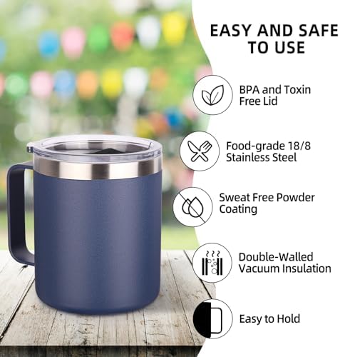 Volhoply 14oz Insulated Stainless Steel Coffee Mug with Lid Bulk 4 Pack,Double Wall Vacuum Travel Coffee Cup with Handle,Reusable Metal Cups Tumbler,Camping Mugs Keep Hot,Ideal Gifts(Navy,4) - Image 4