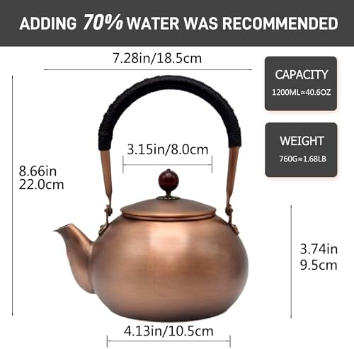 40.6oz Copper Tea Kettle for Stovetop Safe, Chinese Style Non-Coating Pure Copper Teapot with Tea Ball for Loose Tea, Handmade Solid Tea Pot with Non Slip Handle(1200ml) - Image 5