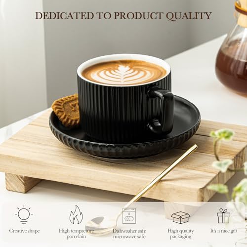 8 Ounce Cappuccino Cups Set of 4, Latte Mugs with Saucers and Spoons, Black Ceramic Coffee Mugs Tea Cups for Cappuccino Latte Mocha Au Lait Macchiato Cafe - Image 6