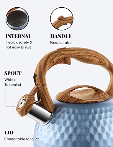 BELANKO 2.7 Quart Tea Kettle for Stovetop - Food Grade Stainless Steel with Diamond Texture, Designer Teapot Look, Cool-Touch Wood Pattern Handle, Whistling Spout - Glacier Blue - Image 4
