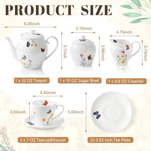 Zhehao 7-Piece British Porcelain Tea Set for Adults, Vintage Butterfly Floral Tea Party Set with 32oz Teapot, 7oz Cups and Saucers Creamer Sweet Bowl, Elegant Luxury Gift for Women Wedding Birthday - Image 2