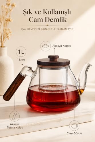 1 Liter Borosilicate Glass Teapot with Acacia Wood Lid and Infuser, Heat Resistant for Loose Leaf Tea and Herbal Brews, refined Kitchenware for Brewing and Serving - Image 5