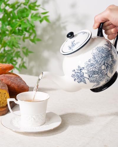 45 Ounce Tea Pot with Infuser, Ceramic Blue and White Teapot - Image 6