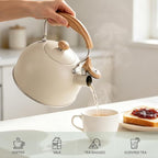 Tea Kettle for Stove Top, 2.5 Quart Whistling Tea Kettle, Stainless Steel and Wood Pattern Folding Handle, Beige - Image 5