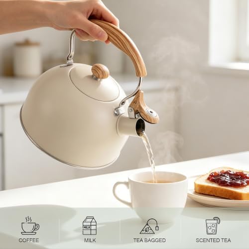 Tea Kettle for Stove Top, 2.5 Quart Whistling Tea Kettle, Stainless Steel and Wood Pattern Folding Handle, Beige - Image 5