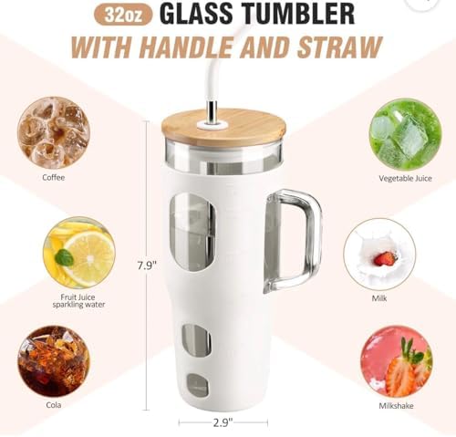 32oz Glass Tumbler with Handle and Straw, Bamboo Lid, Silicone Sleeve, Reusable Iced Coffee Cup for Travel, Home, Office (White) - Image 2