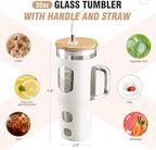 32oz Glass Tumbler with Handle and Straw, Bamboo Lid, Silicone Sleeve, Reusable Iced Coffee Cup for Travel, Home, Office (White) - Image 2