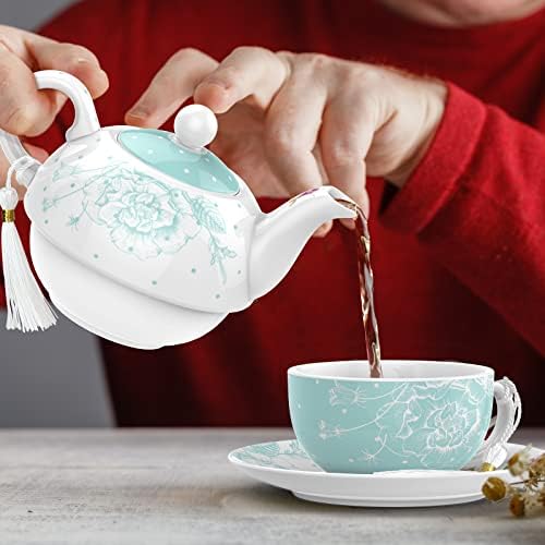 London Boutique Tea for One Teapot Teacup Saucer Set Afternoon Tea Set for 1 New Bone China Vintage Flora Gift for Women 350m (Turquoise) - Image 4