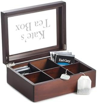 Bey-Berk Custom Engraved Mahogany Tea Storage Chest with Glass Lid – 6-Compartment Box for Tea Bags & Accessories by Bey-Berk