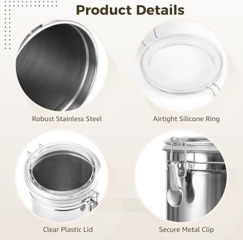 3 PCS Stainless Steel Kitchen Canisters, 62 oz Airtight Metal Food Storage Containers with Clear Clamp Lids, Coffee Bean Tea Sugar Flour Canister Set for Kitchen Pantry Counter Shelf - Image 2