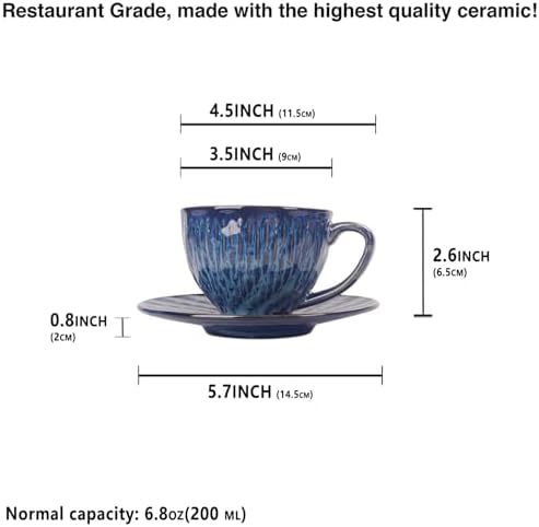 Coffee Mugs Set, 6.8 Oz,Ceramic Tea Cup with saucer, Espresso Cups 8-piece, Stackable Cups, for Latte,Hot Tea,Cappuccino, Mocha, Cocoa, dishwasher & microwave safe,Royal blue - Image 2