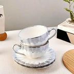 CHANJOON 6 Teacups Tea Tray Spoon Set, 6oz with Galvanized Gold Rim and Gift Box, Ceramic White English Coffee Teacup (silver, Large) - Image 3
