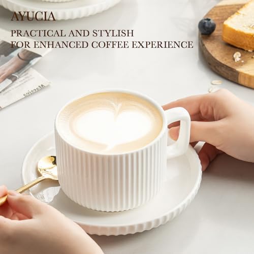 8 Ounce Cappuccino Cups Set of 4, Latte Mugs with Saucers and Spoons, White Cream Ceramic Coffee Mugs Tea Cups for Cappuccino Latte Mocha Au Lait Macchiato Cafe - Image 3