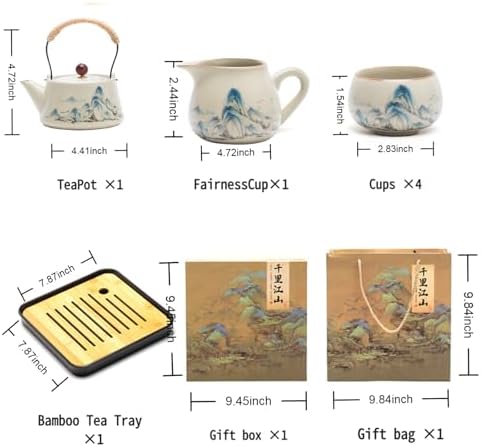 Chinese Gongfu Tea Set, 7-Piece Ceramic Set with Landscape Design, Travel Case, Spill-Proof Tray, Gift Box - Image 2