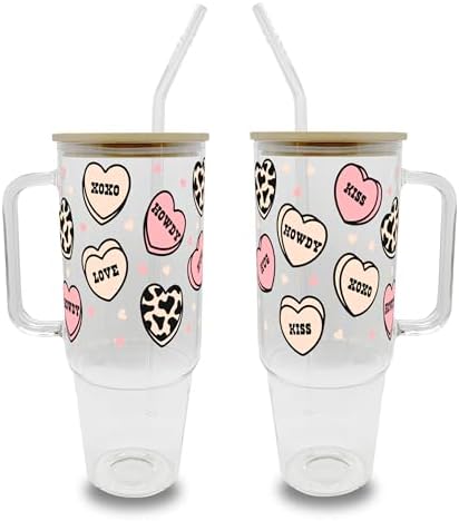 Sip-Sip Hooray! Howdy Hearts 40oz Glass Tumbler with Lid and Straw, Valentine's Day Gift for Her, Galentine's Day Iced Coffee Cup, Western Heart by Sip-SipHooray