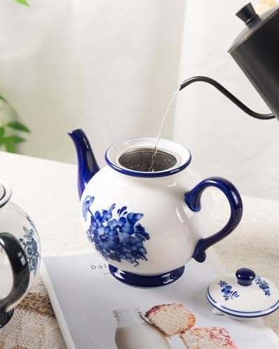 45 Ounce Tea Pot with Infuser, Ceramic Blue and White Teapot, Flowers - Image 5