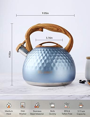 BELANKO 2.7 Quart Tea Kettle for Stovetop - Food Grade Stainless Steel with Diamond Texture, Designer Teapot Look, Cool-Touch Wood Pattern Handle, Whistling Spout - Glacier Blue - Image 5