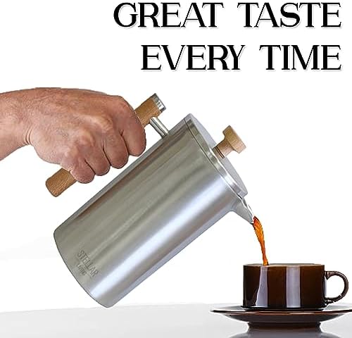 Stellar Living 34 OZ Stainless Steel French Press Coffee Maker with Double Vacuum Insulation, Maximum Flavor Coffee Brewer, Tea and Coffee Press, Camp Coffee Maker - Matte Silver with Wooden Handle - Image 4