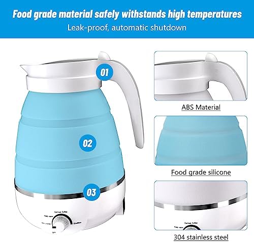 Qivine 600ML Travel Foldable Electric Kettle, Silicone Collapsible Travel Kettle, Foldable Electric Travels Tea Kettles with 2 Cups Separable Power Cord for Fast Water Boiling Coffee (Blue) - Image 3